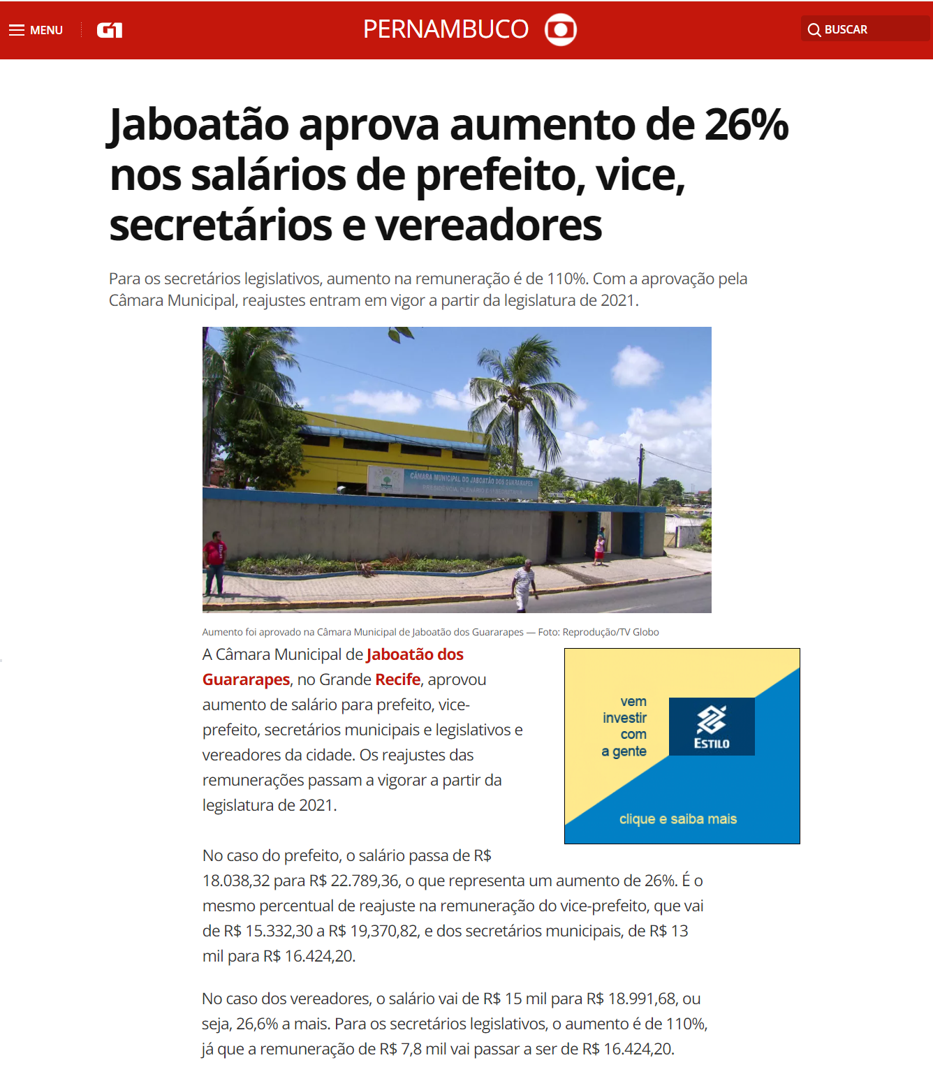 Matéria do G1 sobre aumento de 26% do salario de vereadores da cidade de jaboatão em 25 de setembro de 2019